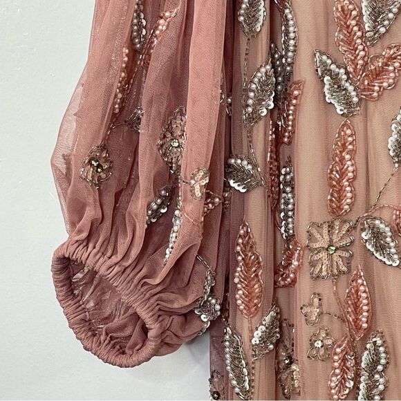 Mac Duggal 93755 Floral Beaded Surplice V-Neck Long Balloon Sleeve Gown, Size 16 - Picture 8 of 16